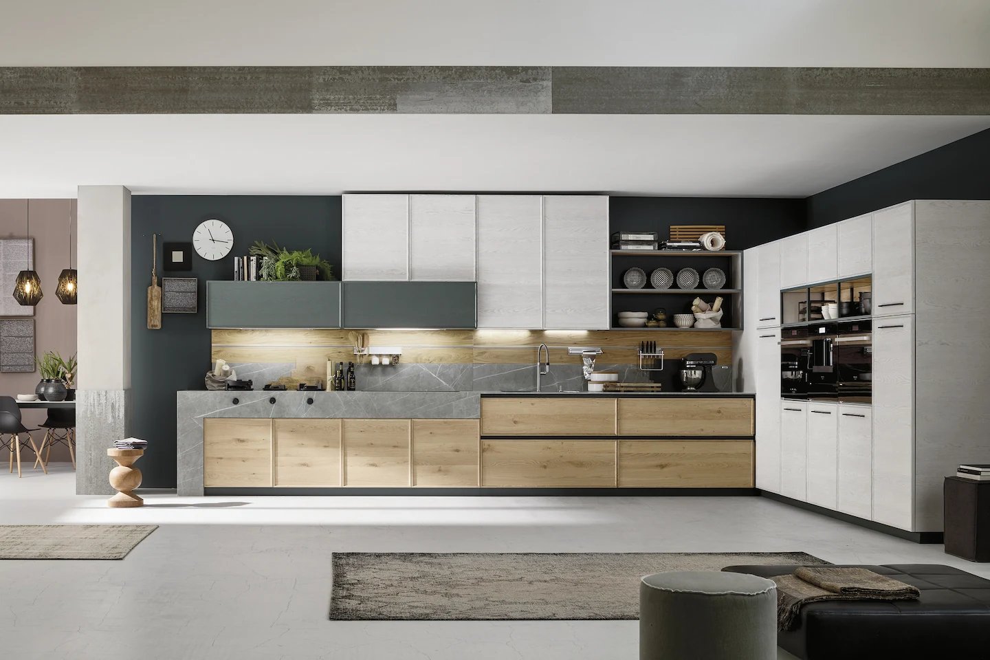 Italian kitchen cabinetry with mixed colors and textures.