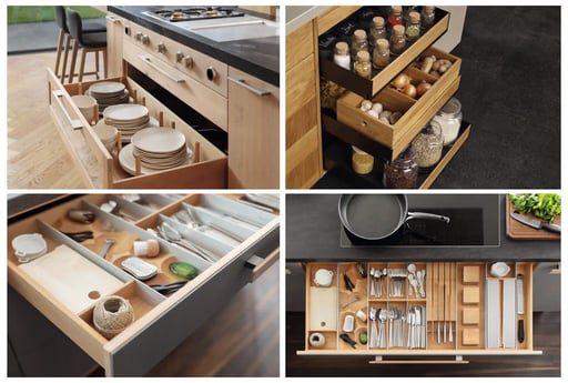 Quadtych displaying various drawer inserts and kitchen organization tools.
