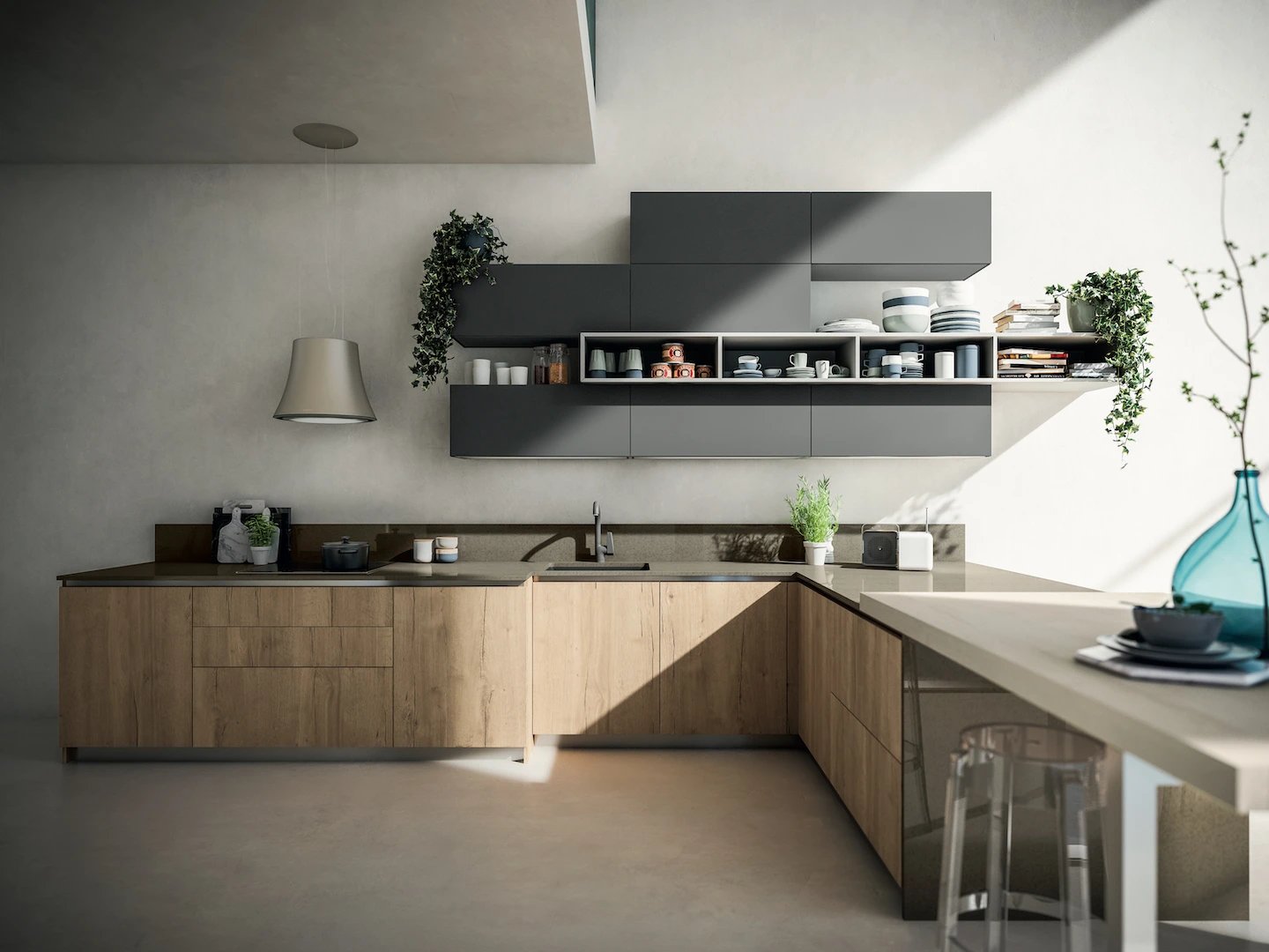 An L-shaped kitchen with numerous wooden drawers, gray cabinets, and ample 